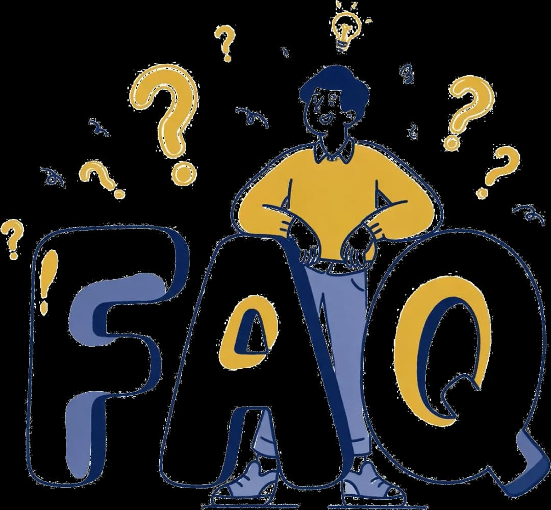 FAQ illustration — a person leaning on large FAQ letters surrounded by question marks